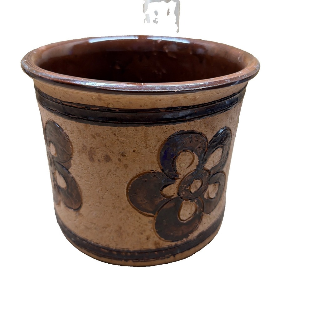 Vtg MCM Stoneware Clay Handmade Crock Made In Italy 6" x 7" Brown Flower